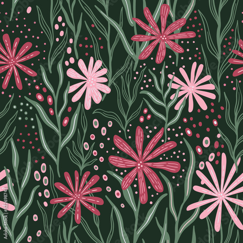 Seamless pattern floral drawing. Background with Hand Painted naive style.
