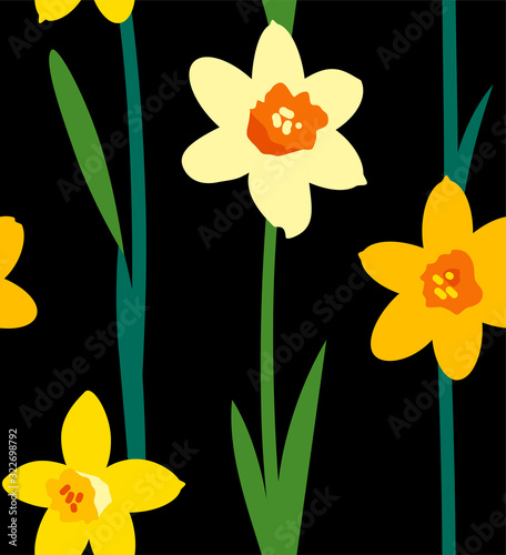 Floral seamless pattern with yellow daffodils and green branches isolated on black background. Endless texture for spring or summer design. Bright fabric print for greeting card template.