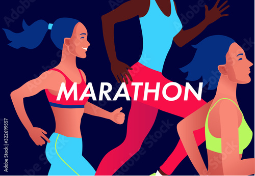 Running multinational people in bright sportswear. Men and women running marathon outdoor.Sports competition, workout or exercise, athletics. Active lifestyle. Colorful vector illustration.