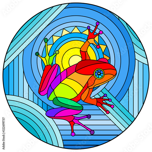 Illustration in stained glass style with abstract rainbow frog on geometric blue background with sun, round image