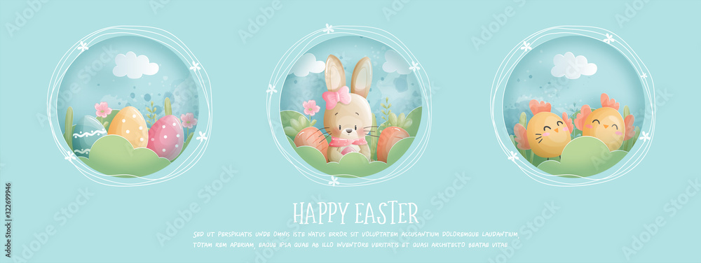 Easter card with cute bunny and chicken in paper cut style. Vector illustration Easter card with cute bunny and chicken in paper cut style. Vector illustration