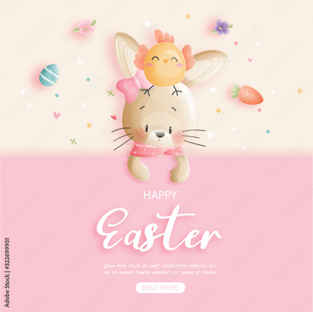 Easter card with cute bunny and chicken in paper cut style. Vector illustration Easter card with cute bunny and chicken in paper cut style. Vector illustration