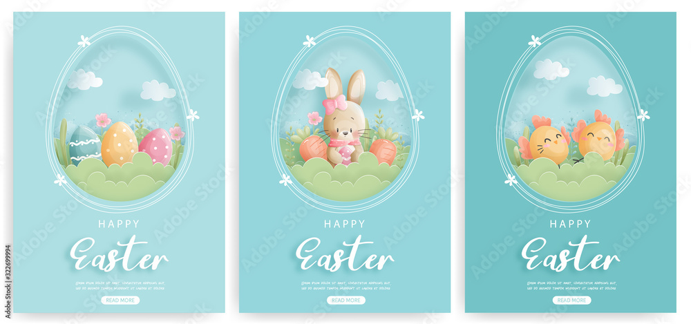 Easter card with cute bunny and chicken in paper cut style. Vector illustration