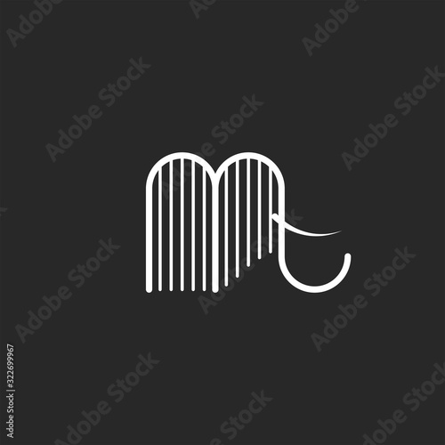 Elephant logo or abstract mammoth with tusks in linear minimalistic style. Black and white thin lines design element.