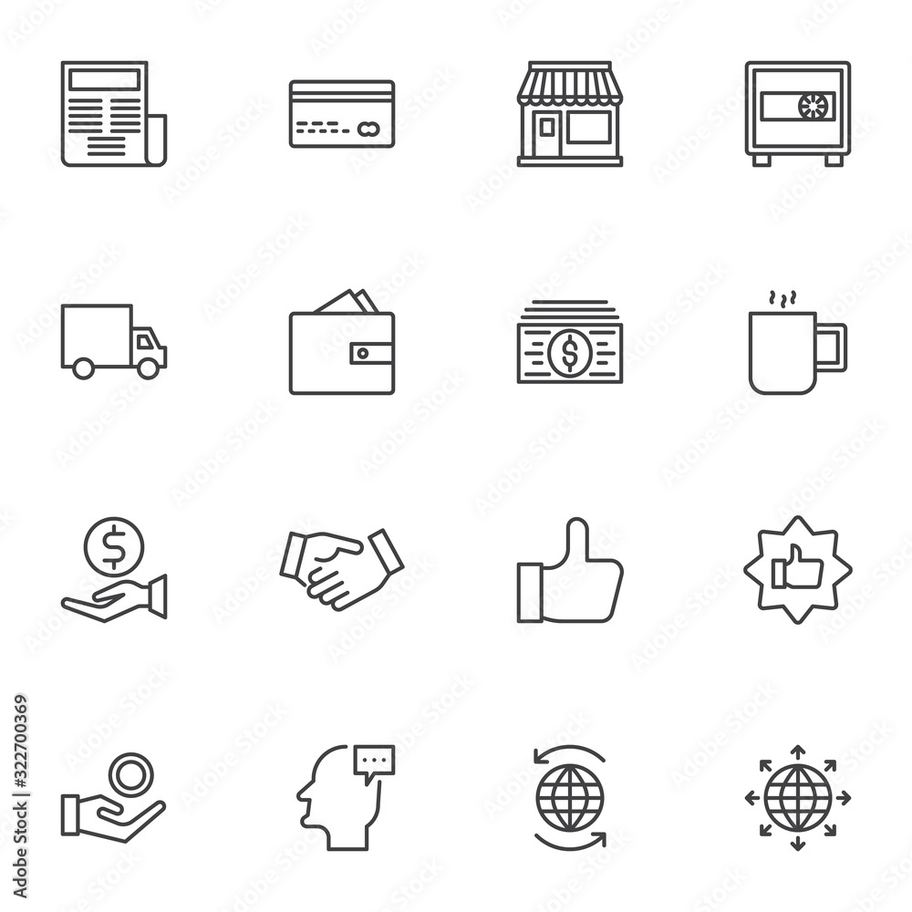 Business and finance line icons set. linear style symbols collection, banking outline signs pack. vector graphics. Set includes icons as newspaper, credit card, bank deposit safe, partnership, money Business and finance line icons set. linear style symbols collection, banking outline signs pack. vector graphics. Set includes icons as newspaper, credit card, bank deposit safe, partnership, money