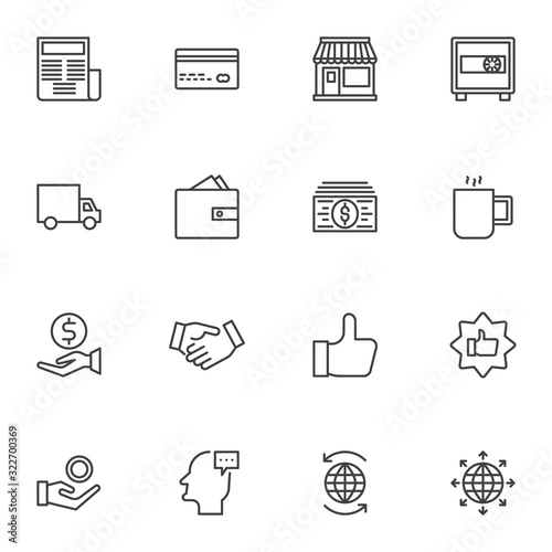 Business and finance line icons set. linear style symbols collection, banking outline signs pack. vector graphics. Set includes icons as newspaper, credit card, bank deposit safe, partnership, money