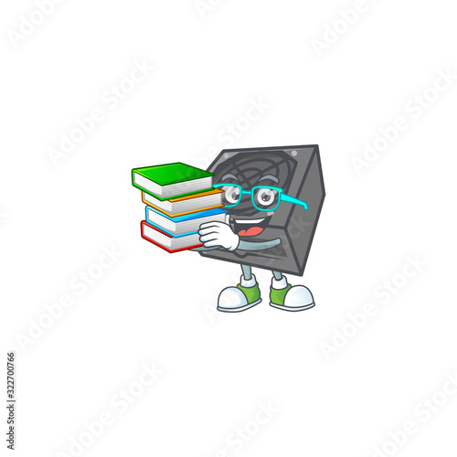A brainy clever cartoon character of power supply unit black color studying with some books
