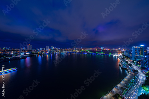 Nightscape of Da Nang city with dragon bridge, Vietnam