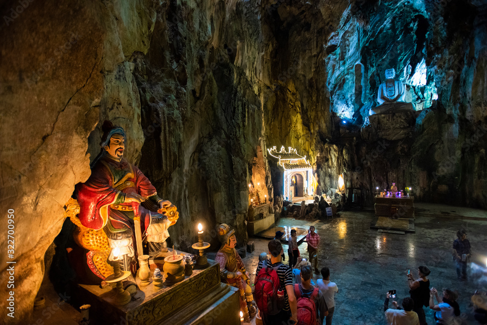 Marble mountains cave : Buddhist pagoda in Huyen Khong cave on Marble Mountain at Da Nang city, Vietnam. Da Nang is biggest city of Middle Vietnam.