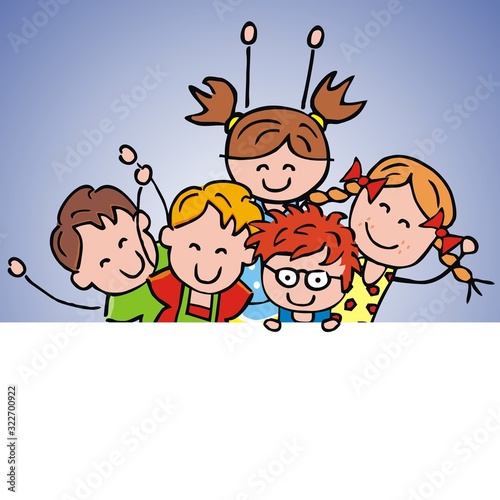 Five smiling children, funny vector illustration, template. Group of girls and boys, creative picture.