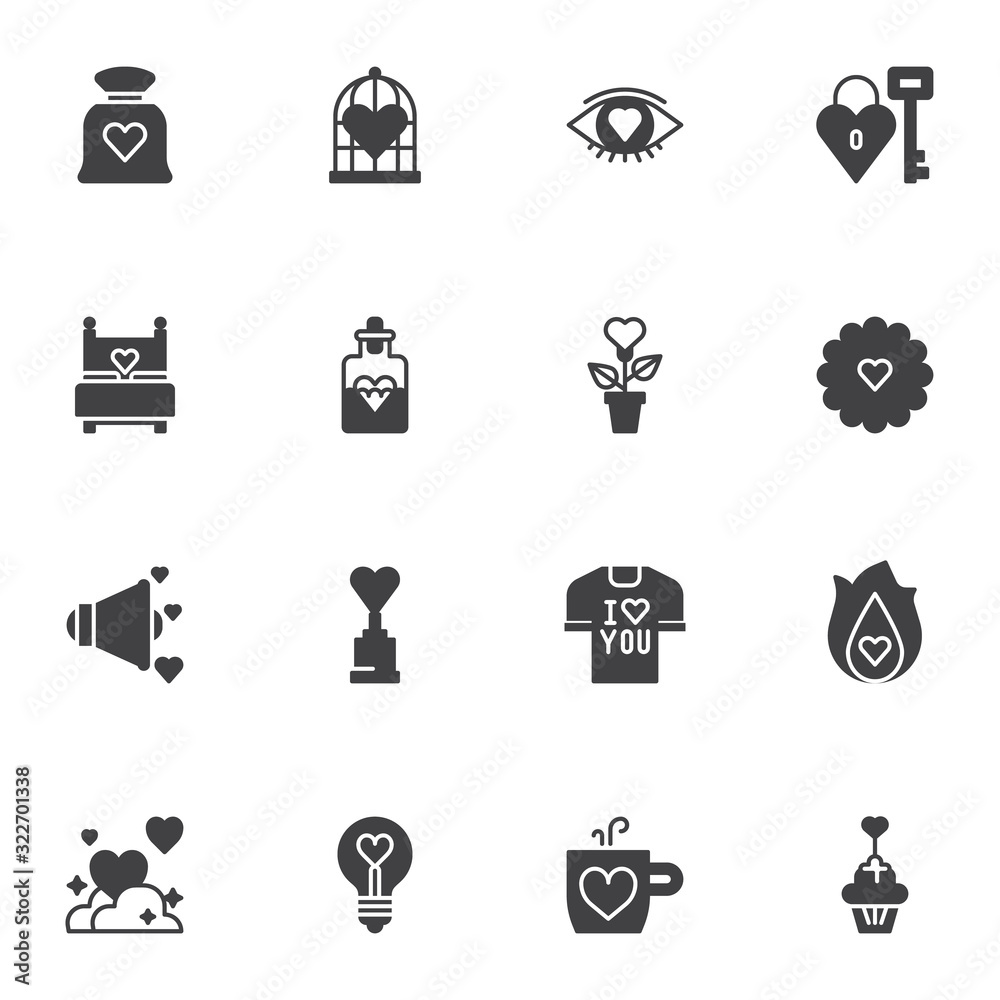 Obraz premium Love vector icons set, modern solid symbol collection, Valentine day filled style pictogram pack. Signs, logo illustration. Set includes icons as heart bag, bed, lock and key, flower, birthday cake