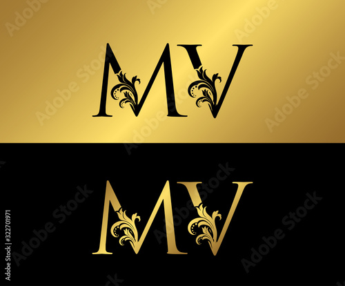 Golden MV Luxury Logo Icon, Vintage Gold M,V Letter Logo Design.