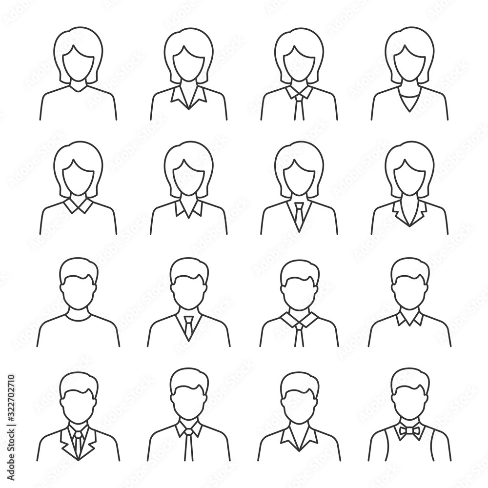 Businessman and businesswoman line icon set on white. Businessman and businesswoman line icon set on white.