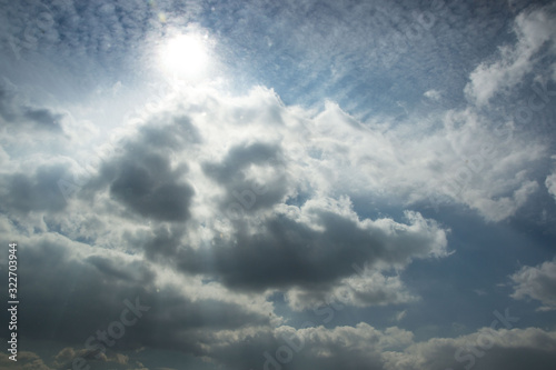 Beautiful white fluffy clouds against blue sky, natural background