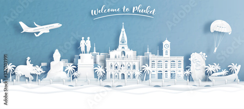 Welcome to Phuket, Thailand with view of city skyline in travel concept for tour, travel advertising. Vector illustration.