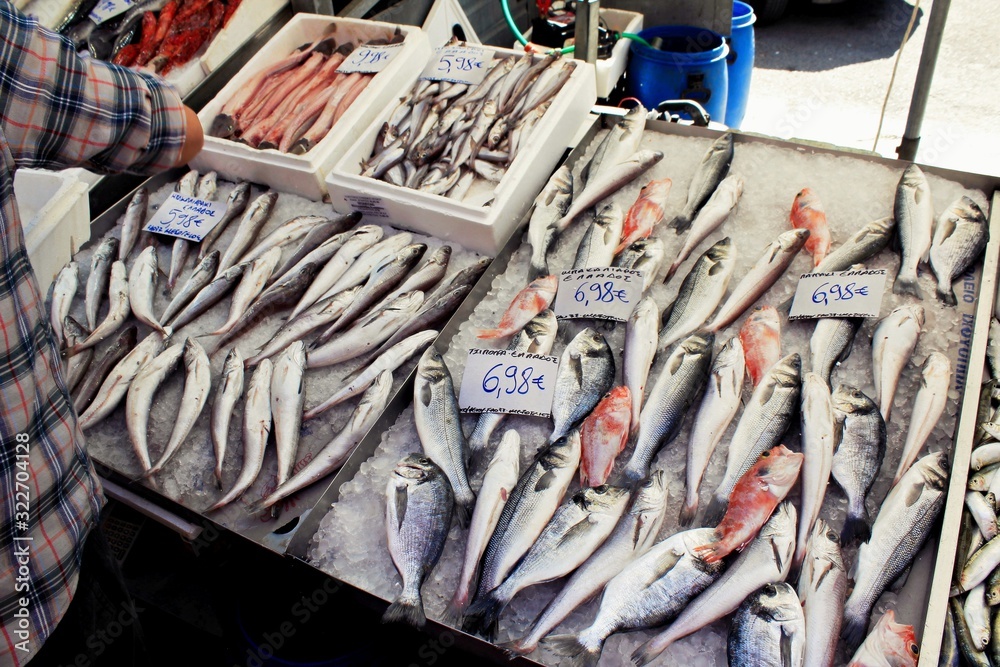 Stall with seafood, selonda, sea breams, at street market in Athens, Greece. Stall with seafood, selonda, sea breams, at street market in Athens, Greece.