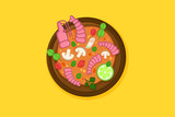 Tom yum soup in a bowl. Traditional spicy thai meal with seafood and broth. Plate with mushrooms and lime on yellow background. Colourful vector illustration