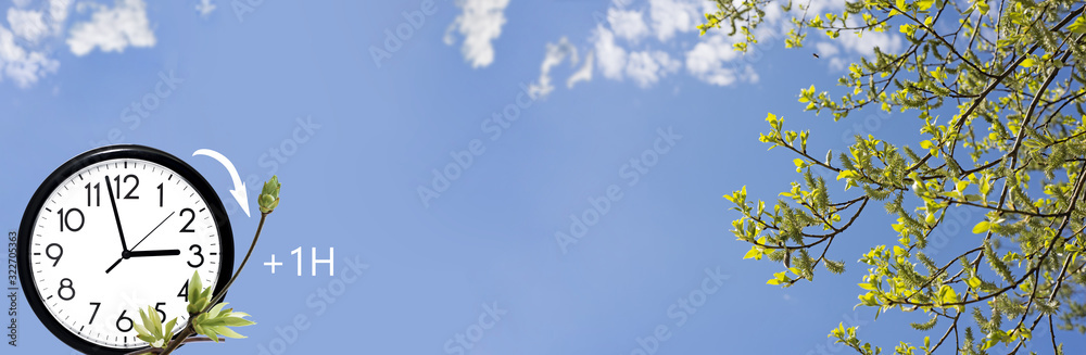 Daylight Saving Time (DST). Blue sky with white clouds and clock. Turn time forward (+1h). Daylight Saving Time (DST). Blue sky with white clouds and clock. Turn time forward (+1h).
