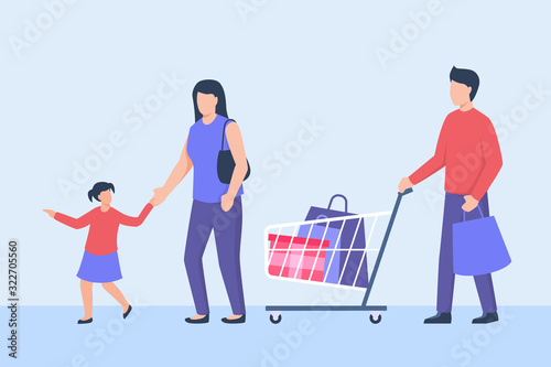 family shopping with father mother and daughter with cart trolley