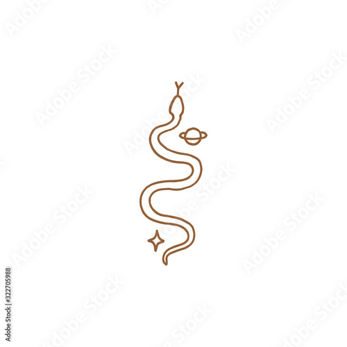 Line art minimalist boho gold snake in space. Logo symbol, animal digital print. Vector Illustration, clipart