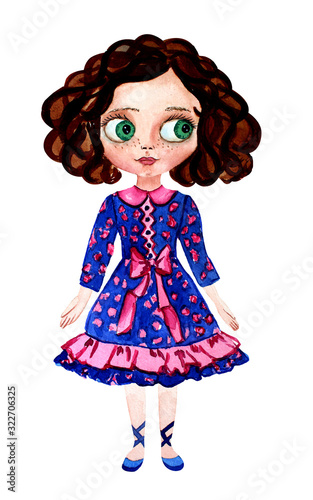 Watercolor doll in beautiful clothes.