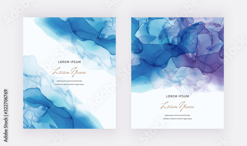 Blue alcohol ink cards. Abstract hand painted background. Fluid art painting design. Trendy template for banner, flyer, wedding invitation, product package © Millaly