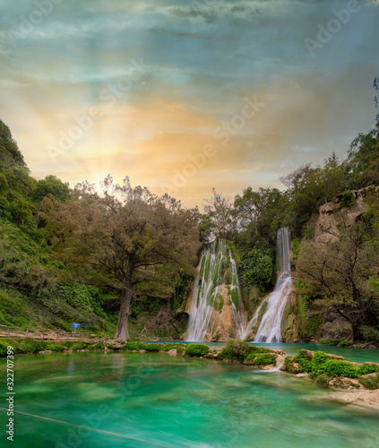 beautiful waterfalls,old mines (minas viejas ), san luis potosi mexico. sunset peace concept photo
