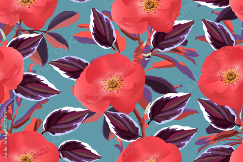 Art floral vector seamless pattern. Red poppies with colorful leaves isolated on blue background. Tile pattern for wallpaper, fabric, textile, paper.