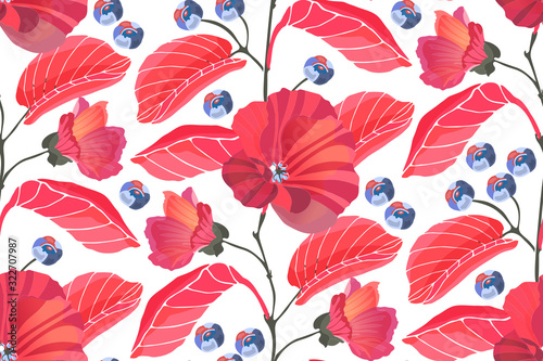 Art floral vector seamless pattern. Red mallows, branches, leaves, blue berries isolated on white background. Tile pattern for wallpaper design, fabric, kitchen textile, wrapping and digital paper.
