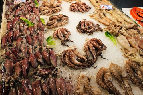 Stalls with seafood at fish market in Athens, Greece photo