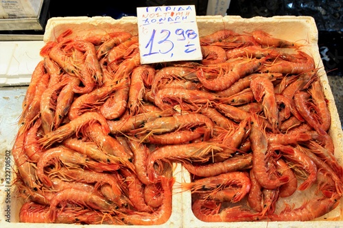 Stall with shrimps in fish market in Athens, Greece