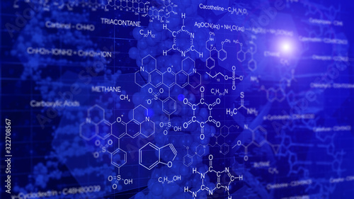 Concept of organic molecular chemistry. Beautiful blue background with formulas of molecules composed of atoms of different substances. Science and education.
