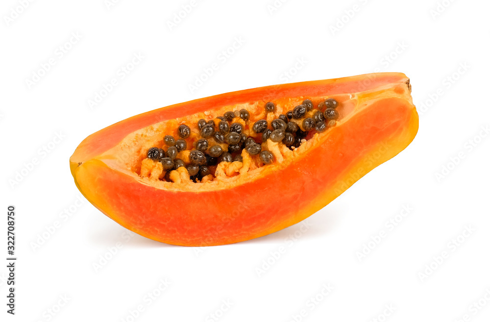 A slices of ripe papaya fruit isolated on white background. A slices of ripe papaya fruit isolated on white background.