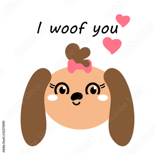 Cute dog with long ears and a pink bow. I woof you, text. Vector animal Head. Kawaii . The flat design is isolated on a white background. Design greeting cards for birthday, Valentine's day and more