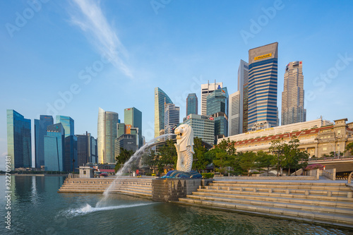 Fotografie, Obraz Blue nice sky with Merlion park and landmark buidings in Singapore city, Singapo