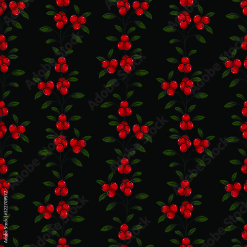 Vertical lingonberry twigs seamless pattern; forest berries on black background; natural design for fabric, wallpaper, textile, wrapping paper, web design.
