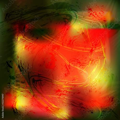 Abstract vector background in green, red and yellow shades. On the background, spots and lines created by bristle brush. Vector. For banners, backgrounds, wallpapers.