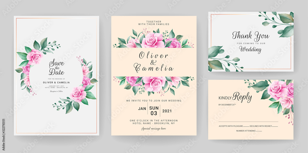 Wedding invitation card template set with watercolor floral frame and border. Flowers decoration for save the date, greeting, rsvp, thank you, poster, cover, etc. Botanic illustration vector