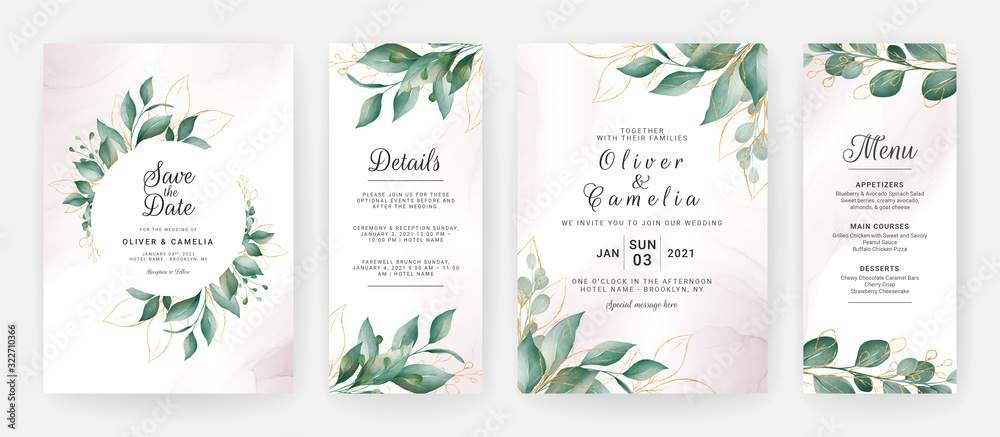 Wedding invitation card template set with watercolor gold leaves decoration. Floral background for save the date, greeting, menu, details, poster, cover, etc. Botanic illustration vector - obrazy, fototapety, plakaty 