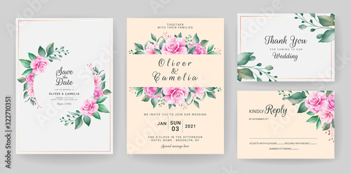 Fototapeta Naklejka Na Ścianę i Meble -  Wedding invitation card template set with watercolor floral frame and border. Flowers decoration for save the date, greeting, rsvp, thank you, poster, cover, etc. Botanic illustration vector