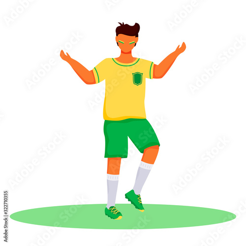 Football fan flat color vector faceless character. Standing teenager with brazilian flag colors strips on cheeks. Latino boy in sportswear isolated cartoon illustration for web design and animation