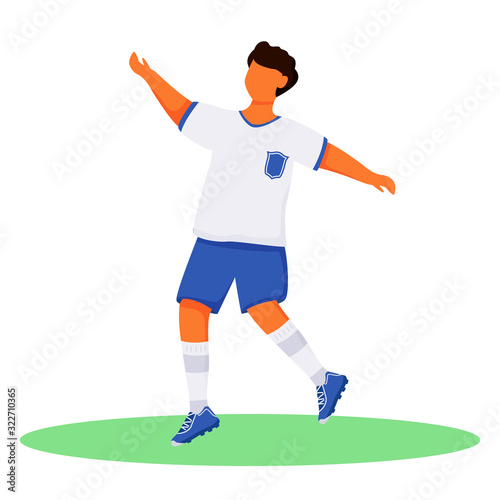 Running teenager in sportswear flat color vector faceless character. Football player. Brazil carnival. Athlete. Latino boy in shorts isolated cartoon illustration for web graphic design and animation