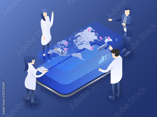 The activity of people who are team working and looking at world map screen discussing of the international logistic business. 3D isometric vector illustration 