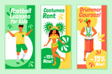 Brazilian carnival flyers flat vector templates set. Football lessons for kids printable leaflet design layout. Costumes rent. Drummer courses advertising web vertical banner, social media stories
