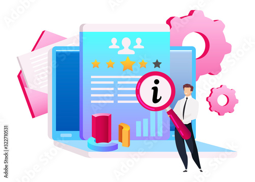 Smiling man with magnifying glass flat concept vector illustration. Analytical CRM 2D cartoon character for web design. Letter and cogwheels. Data analyzing. Laptop with diagram creative idea