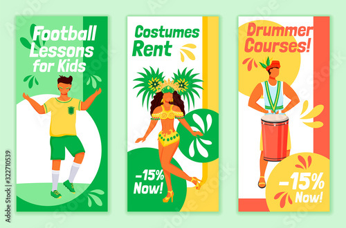 Brazilian carnival flyers flat vector templates set. Football lessons for kids printable leaflet design layout. Costumes rent. Drummer courses advertising web vertical banner, social media stories