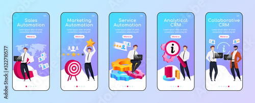 CRM types and advantages onboarding mobile app screen flat vector template. Sales automation. Walkthrough website steps with characters. UX, UI, GUI smartphone cartoon interface, case prints set