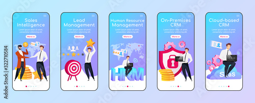 CRM options and types onboarding mobile app screen flat vector template. Sales intelligence. Walkthrough website steps with characters. UX, UI, GUI smartphone cartoon interface, case prints set