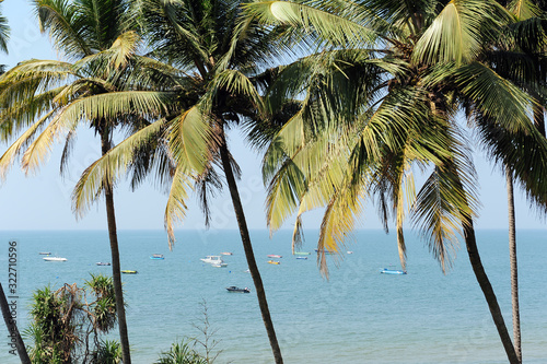 View through green palm trees to the ocean on sunny tropical day. Blue sea and boats on water in the bay.