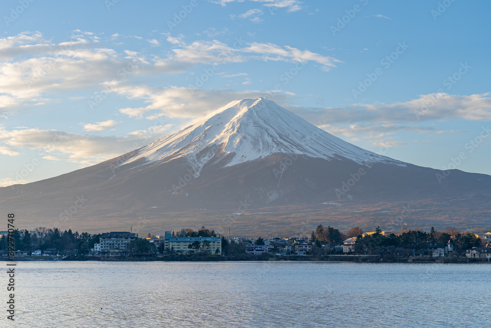 Close up view of Mount Fuji with Lake Kawaguchiko in Japan